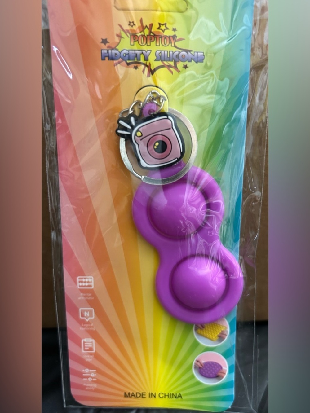 Purple Silicone Pop Fidget Keychain with Camera Charm
